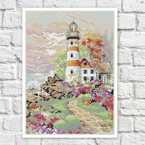 Lighthouse Cross Stitch Pattern landscape Colorful Art DIY X-stitch Needlepoint Embroidery Chart Printable PDF Instant Download Design Decor