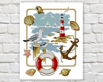 Sea Sampler Cross Stitch Pattern Lighthouse Counted PDF X-stitch Chart Needlepoint Embroidery Instant Download
