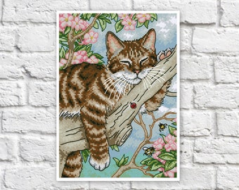 Cat on Tree Cross Stitch Pattern Colorful Art DIY X-stitch  Needlepoint Pattern Embroidery Chart Printable PDF Instant Download Design Decor