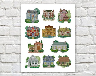 Small Houses Cross Stitch Pattern Cottage Cross Stitch Set of 3 Counted PDF  Chart Needlepoint Embroidery Download
