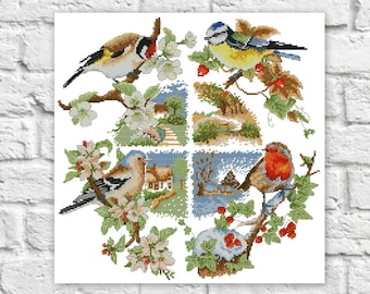 Seasons Cross Stitch Pattern Birds Colorful Art DIY X-stitch  Needlepoint Pattern Embroidery Chart Printable Instant Download PDF Design