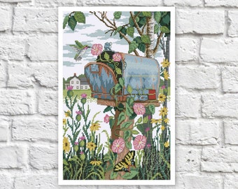May include: A vintage blue mailbox with a hummingbird perched on top. The mailbox is surrounded by a lush garden with pink flowers, green leaves, and a butterfly. The scene is set against a backdrop of a white farmhouse and a blue sky.