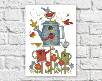 Gießkanne Kreuzstichmuster Bunt Kunst DIY Kreuzstichmuster Nadelspitze Muster Stickvorlage Printable Instant Download PDF Design