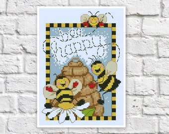 Honey Cross Stitch Pattern Bee Colorful Art DIY X-stitch Chart Needlepoint Pattern Embroidery Chart Printable Instant Download PDF Design