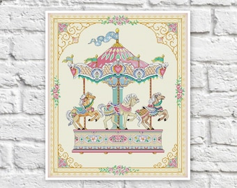 Carousel Cross Stitch Pattern Colorful Art DIY X-stitch Chart Needlepoint Pattern Embroidery Chart Printable Instant Download PDF Design