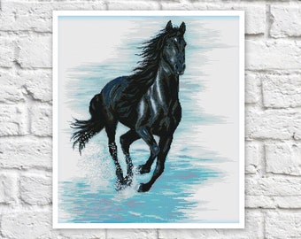 Black Horse Cross Stitch Pattern Colorful Art DIY X-stitch Chart Needlepoint Pattern Embroidery Chart Printable Instant Download PDF Design