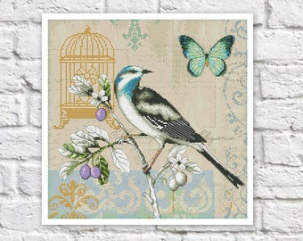 Patrón de punto de cruz de pájaros Arte colorido DIY Gráfico de puntada en X Patrón de punto de aguja Gráfico de bordado Descarga instantánea imprimible Diseño PDF