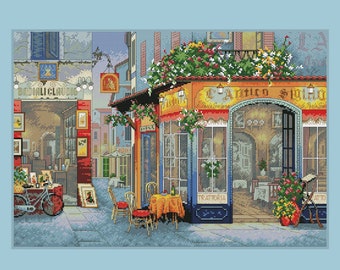 City Street Cross Stitch Pattern City landscape Cafe  Needlepoint Pattern  Printable PDF Instant Download X-stitch  Needlepoint Pattern