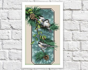 Vogels kruissteekpatroon bosvogels kleurrijke kunst DIY x-stitch grafiek borduursteek borduurkaart afdrukbare Instant Download pdf-ontwerp