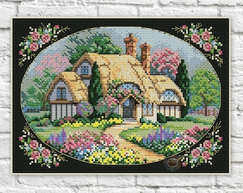 Huis kruissteekpatroon Cottage kleurrijke kunst DIY X-steek borduurpatroon borduurpatroon afdrukbare Instant Download PDF-ontwerp