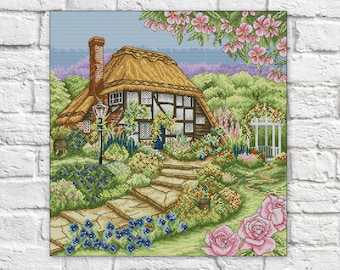 Huis Cross Stitch Patroon Dorpshuis Kleurrijke Kunst DIY X-stitch Needlepoint Patroon Borduurschema Afdrukbare Instant Download PDF Decor