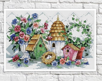 Summer Cross Stitch Pattern Bird House Colorful Art DIY X-stitch  Needlepoint Pattern Embroidery Chart Printable PDF Instant Download Design