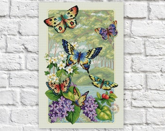 Butterflies Cross Stitch Pattern Forest Colorful Art DIY X-stitch Needlepoint Pattern Embroidery Chart Printable PDF Instant Download Design