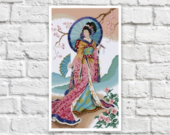 Japanese Geisha Cross Stitch Pattern Colorful Art DIY X-stitch  Needlepoint Pattern Embroidery Chart Printable Instant Download PDF Design