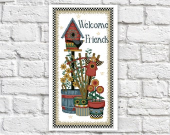 Welcome Cross Stitch Pattern Birdhouse Colorful Art DIY X-stitch Needlepoint Pattern Embroidery Chart Printable Instant Download PDF Design