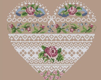 Blomhjärta Korsstygnsmönster Provmönster Primitivt hjärta Alla hjärtans dag Kärleksdiagram Nålsticksmönster Broderidiagram Direktnedladdning