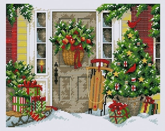 Christmas Door Cross Stitch Pattern Colorful Art DIY X-stitch Needlepoint Pattern Embroidery Chart Printable Instant Download PDF Design