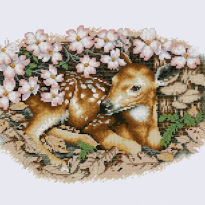 Fawn Cross Stitch patroon kleurrijke kunst DIY X-steek grafiek naaldpunt patroon borduurkaart afdrukbare Instant Download PDF-ontwerp