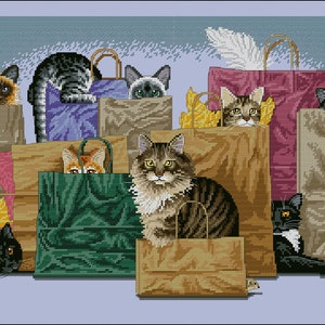 猫のクロスステッチパターン動物の装飾カラフルなアートDIY Xステッチチャートニードルポイント刺繍チャート印刷可能インスタントダウンロードPDFデザイン