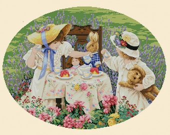 May include: Two girls in white dresses and hats have a tea party with a bunny and teddy bear in a garden setting. The table is set with a white tablecloth, teacups, and a plate of jelly.