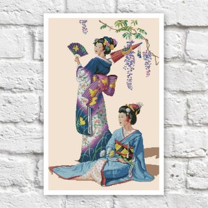 Japanese Geisha Cross Stitch Pattern Colorful Art DIY X-stitch Needlepoint Pattern Embroidery Chart Printable Instant Download PDF Design