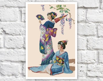 Japanese Geisha Cross Stitch Pattern Colorful Art DIY X-stitch Needlepoint Pattern Embroidery Chart Printable Instant Download PDF Design
