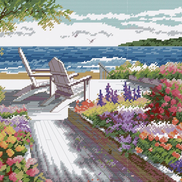 Sea Landscape Cross Stitch Pattern Colorful Art DIY X-stitch  Needlepoint Pattern Embroidery Chart Printable Instant Download PDF Design