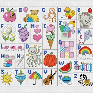 Alfabet Cross Stitch Patroon Letters Baby Kleurrijke Kunst DIY X-stitch Needlepoint Borduurschema Afdrukbare Instant Download PDF-ontwerp