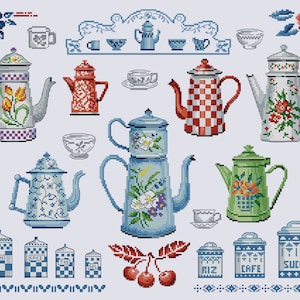 May include: A collection of vintage-style coffee pots in various colors and patterns, including blue, red, green, and white. The coffee pots are arranged on a white background with small cups and bowls. There are also small jars with labels that say "Farine", "Epice", "The", "Sel", "Riz", "Cafe", and "Sucre".