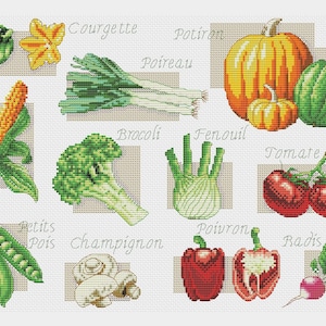 May include: A colorful illustration of various vegetables with their French names written above them. The vegetables include corn, zucchini, leeks, broccoli, fennel, tomatoes, peas, mushrooms, peppers, and radishes.