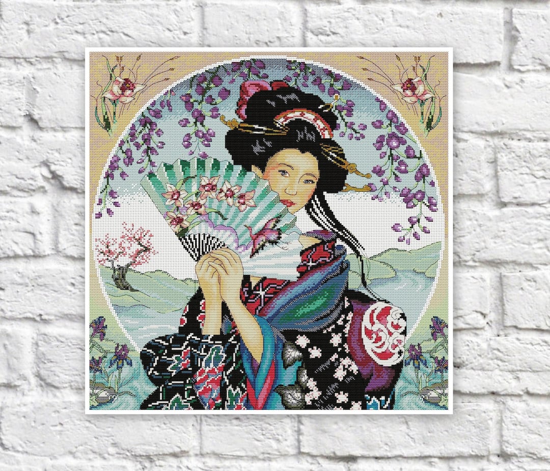 Japanese Geisha Cross Stitch Pattern Colorful Art DIY X-stitch ...