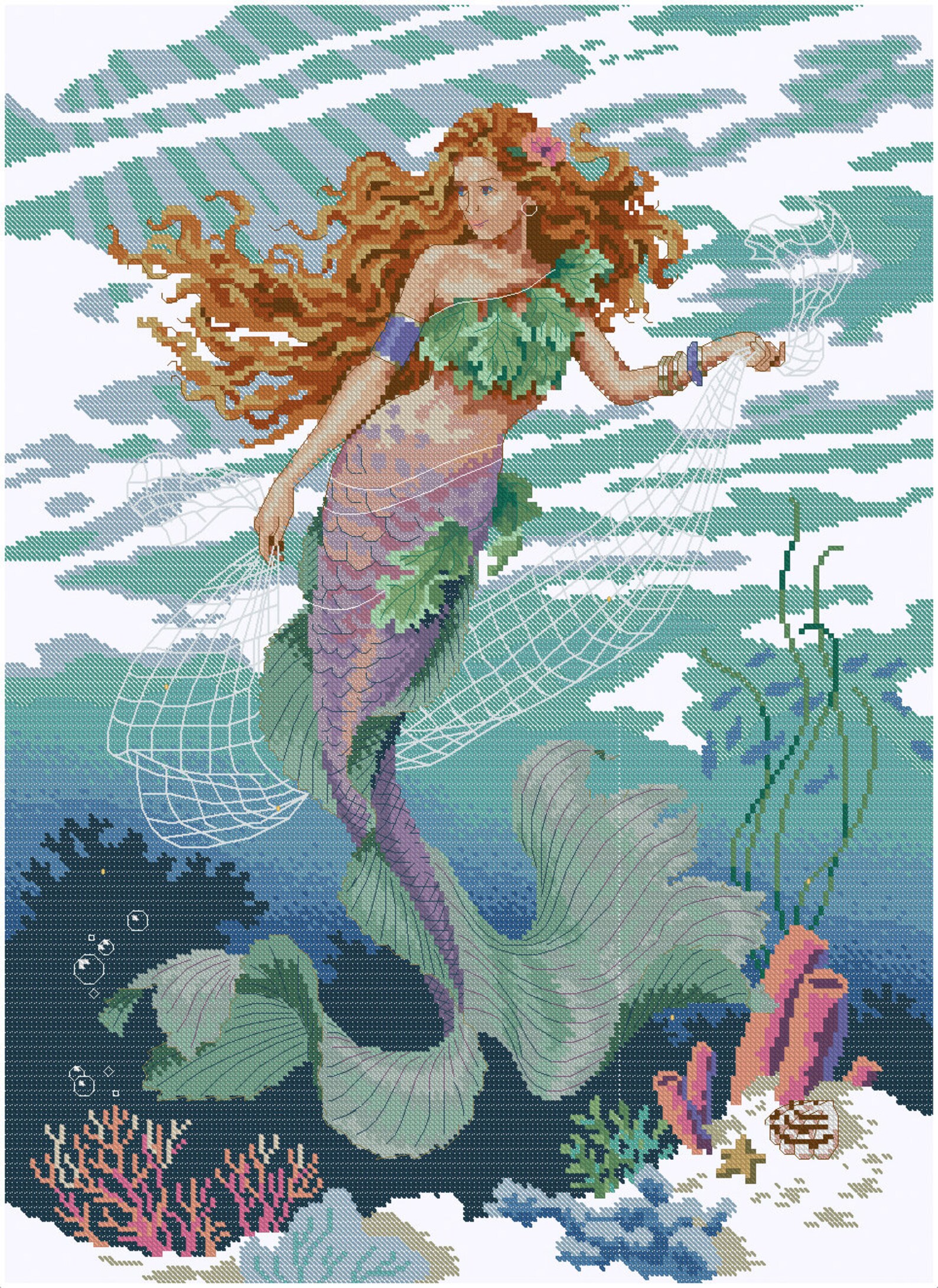Mermaid Cross Stitch Pattern Sea Colorful Art DIY X-stitch Chart ...
