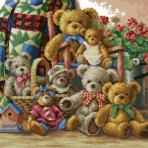Teddy Bears Cross Stitch Pattern Colorful Art DIY X-stitch Chart Needlepoint Pattern Embroidery Chart Printable Instant Download PDF Design