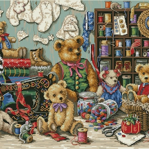 May include: A group of teddy bears are gathered around a sewing machine and a jar of buttons. There are various sewing supplies scattered around the room, including spools of thread, scissors, and a pincushion. The bears are all wearing different outfits and have different expressions on their faces. The scene is whimsical and charming, and it would be perfect for a children's book or a nursery.