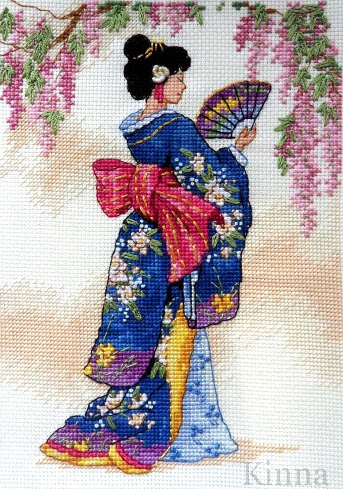 Art  Vintage Handmade Cross Stitch Japanese Geisha Girl W Fans