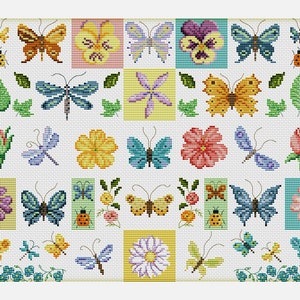 May include: A colorful cross-stitch pattern featuring butterflies, flowers, and leaves. The pattern is arranged in a grid of squares, with each square containing a different design. The butterflies are in various colors, including blue, purple, orange, and yellow. The flowers are also in a variety of colors, including red, pink, yellow, and purple. The leaves are green.