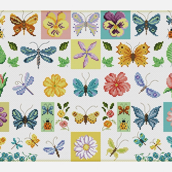 Papillons Cross Stitch Pattern Sampler Colorful Art X-stitch Needlepoint Pattern Broderie Graphique Imprimable Téléchargement instantané PDF Design