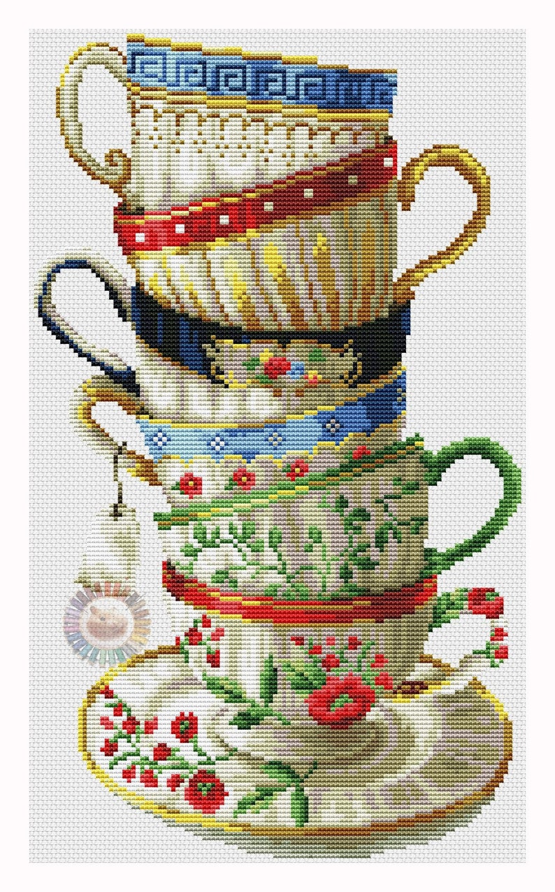 Cups Cross Stitch Pattern Tea Cup Colorful Art DIY Xstitch Etsy