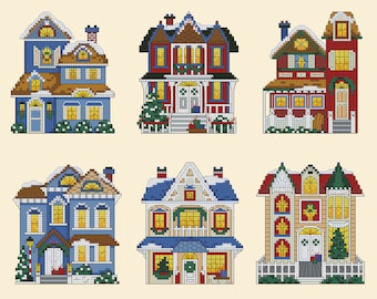 Christmas Victorian Houses Cross Stitch Pattern Colorful Art DIY X-stitch Needlepoint Embroidery Chart Printable Instant Download PDF Design