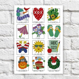 Kalender Cross Stitch Patroon Maand Kleurrijke Kunst DIY X-stitch Needlepoint Patroon Borduurschema Afdrukbare Instant Download PDF-ontwerp