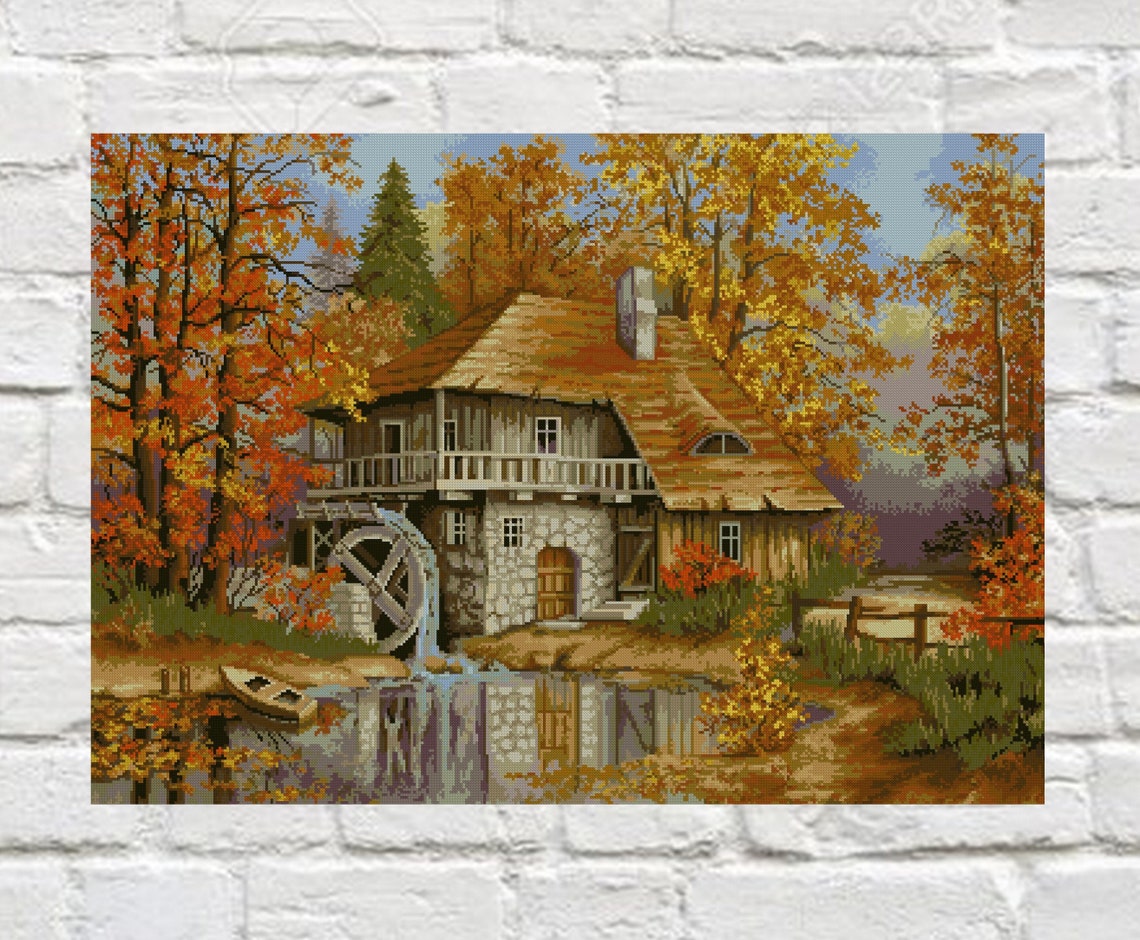 Autumn Landscape Cross Stitch Pattern Autumn Houses Counted Etsy