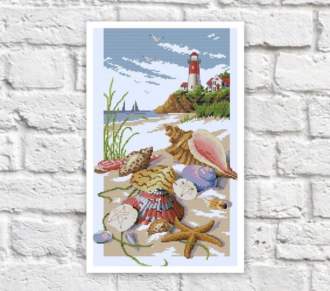 Shells Cross Stitch Pattern Lighthouse Colorful Art DIY X-stitch ...