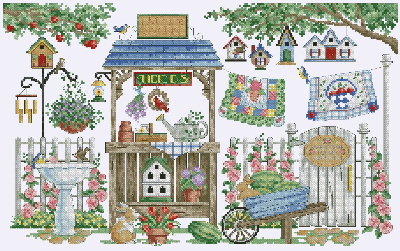 刺繍画 Garden Cross Stitch Pattern Colorful Art DIY X-stitch Chart