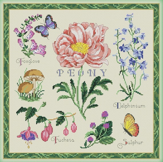 Flowers Sampler Cross Stitch Pattern Botanical Colorful Art DIY X
