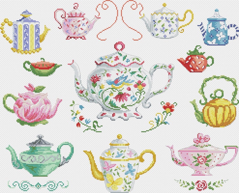 Teapots Cross Stitch Pattern Colorful Art DIY Xstitch Chart Etsy Canada