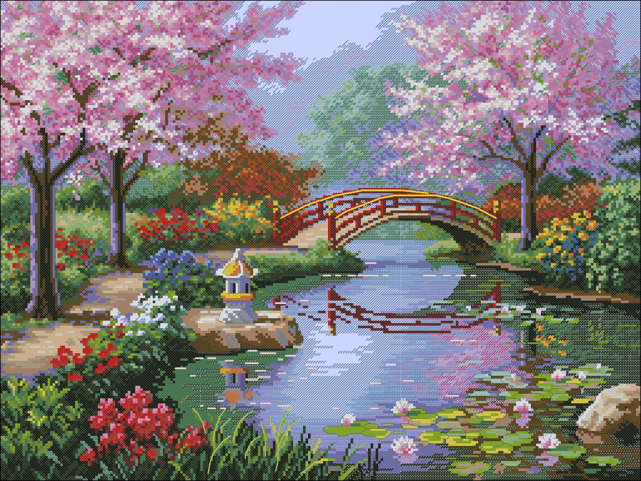 Garden Cross Stitch Pattern Colorful Art DIY X-stitch Chart