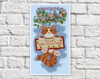 Welcome Cross Stitch Pattern Cat Colorful Art DIY X-stitch Chart Needlepoint Pattern Embroidery Chart Printable Instant Download PDF Design