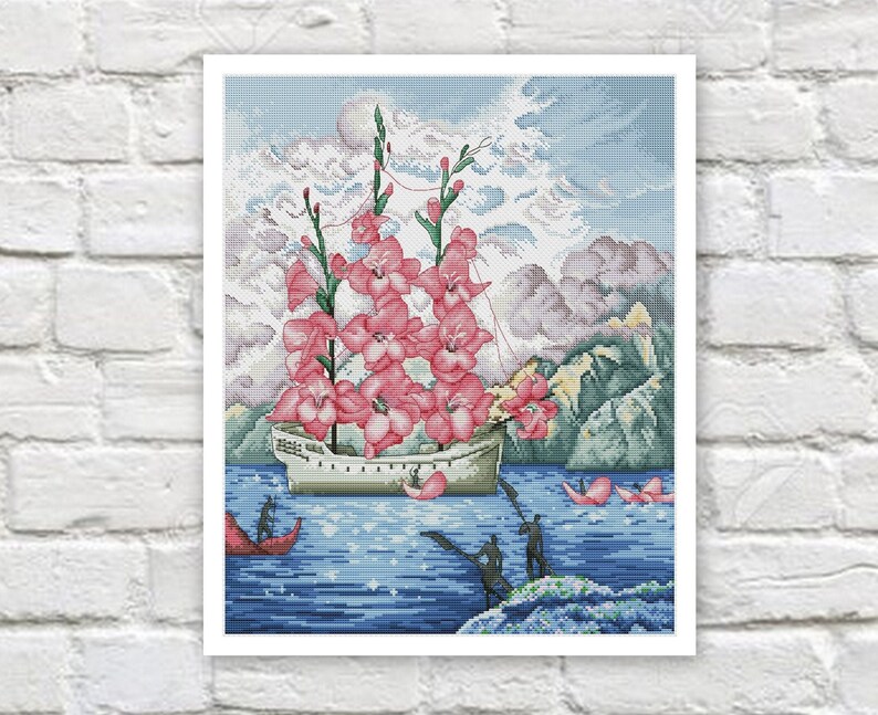 Ship Sailboat Cross Stitch Pattern Colorful Art DIY X-stitch Needlepoint Pattern Embroidery Chart Printable Instant Download PDF Design