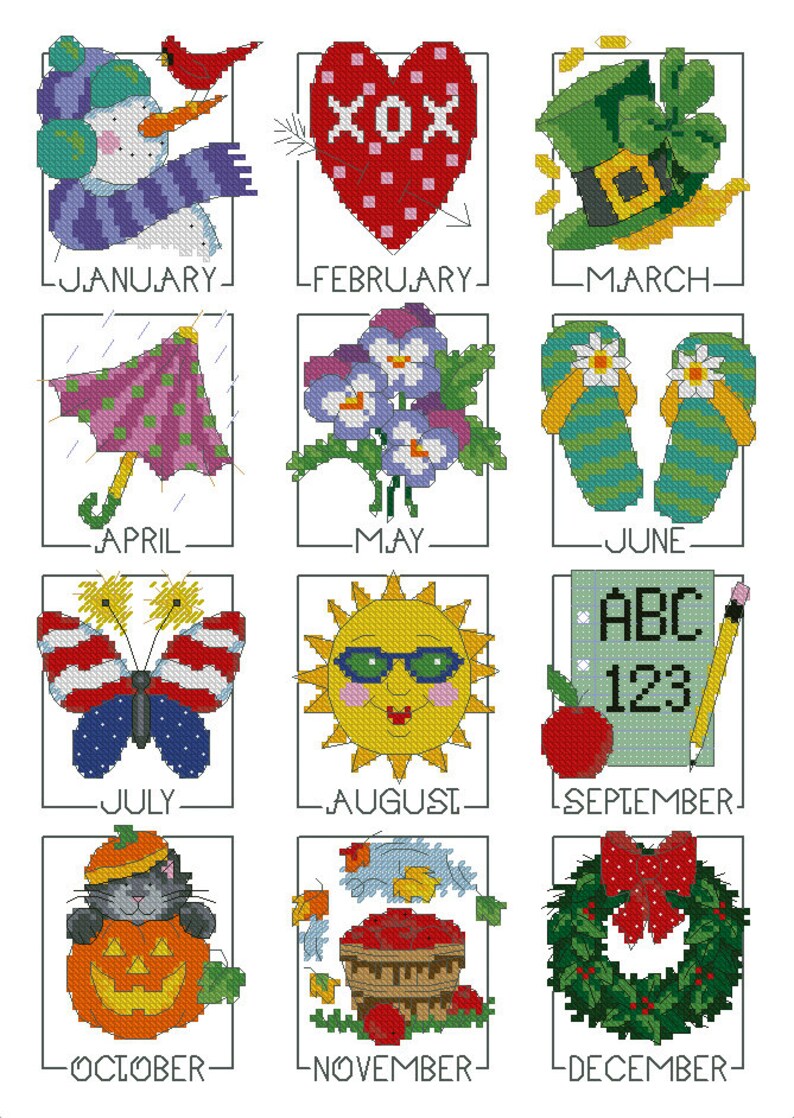 Calendar Cross Stitch Pattern Month Colorful Art DIY Xstitch Etsy