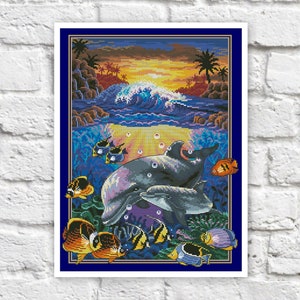 Sea Life Cross Stitch Pattern Dolphins Colorful Art DIY X-stitch Needlepoint Pattern Embroidery Chart Printable Instant Download PDF Design